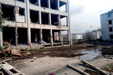 Realistic photo landscape of destructed deserted building after catastrophe