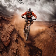 Mountain biker soaring photo realistic illustration - Generative AI.