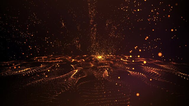 Beautiful golden galaxy particles wave with light abstract background with sparkling dust particles. 4K