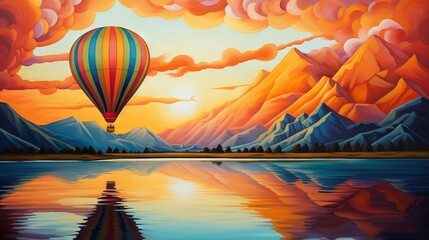  a painting of a hot air balloon flying over a lake.  generative ai