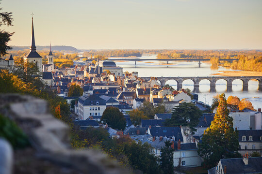 Scenic view of the Loire river with Cessart bridge in Saumur, Maine-et-Loire department, France