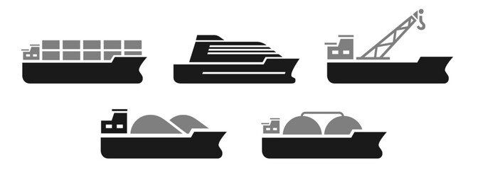 Container cruise vessel crane coal gas transport boat shipping industry icon set collection flat simple