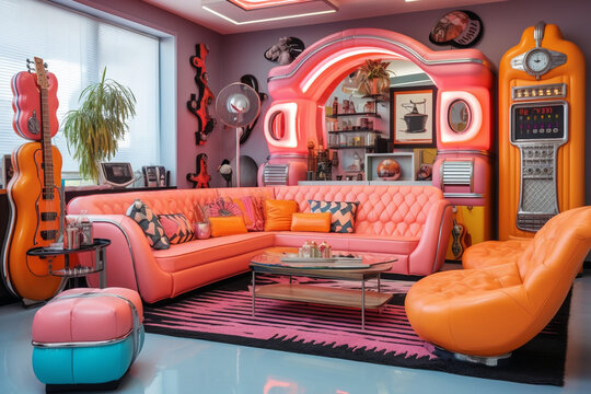 A retro diner-inspired vintage living room with a vintage jukebox, retro diner furniture, and neon signs Generative AI