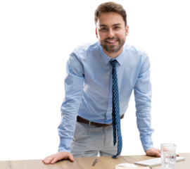 Young modern business man analyzing data using computer while working on a transparent background