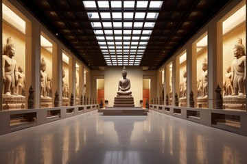 A room in a museum filled with statues of various sizes and shapes. - obrazy, fototapety, plakaty