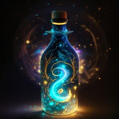 Magic potion in a bottle with glowing stars on a dark background. Mystical fragrance concept. AI generated.