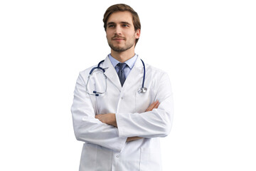 Portrait of young male doctor with stethoscope on a transparent background