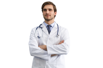 Portrait of young male doctor with stethoscope on a transparent background