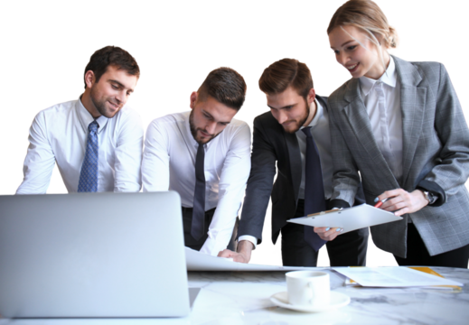 business team working on laptop to check the results of their work on a transparent background.