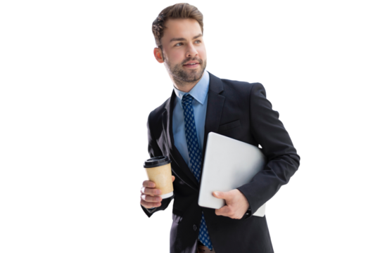 Businessman walking with takeaway coffee on a transparent background.