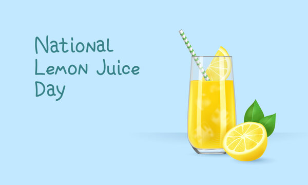 Glass of fresh lemon juice with ice and straw and lemon slice. National Lemon Juice Day. Realistic vector illustration