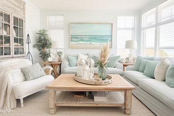 A coastal vintage living room design with a faded beachy color palette, weathered wood accents, and nautical decor Generative AI