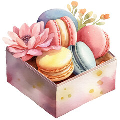 Watercolor macarons in box illustration , soft pastel tone clipart , Isolated PNG