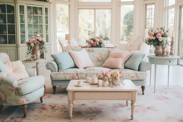 A shabby chic vintage living room design with distressed wooden furniture, pastel colors, and floral patterns Generative AI