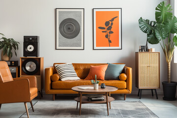 A retro-inspired vintage living room with mid-century modern furniture, vintage posters, and a vinyl record player Generative AI