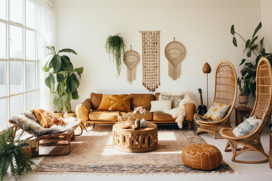 A bohemian vintage living room with an eclectic mix of vintage textiles, rattan furniture, and a macrame wall hanging Generative AI