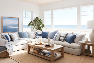 A coastal Scandinavian living room with clean lines, cozy textiles, and pops of ocean blue decor Generative AI