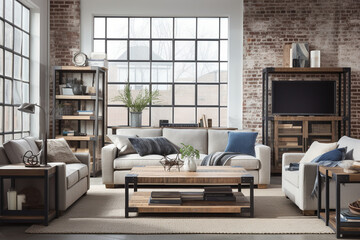 A coastal industrial living room with metal and reclaimed wood furniture, inspired by beachside warehouses Generative AI