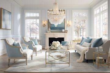 A coastal glam living room with mirrored furniture, crystal chandeliers, and seashell-adorned accents Generative AI