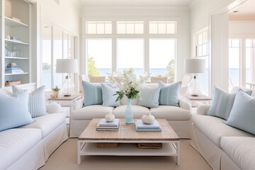 A minimalist coastal living room with a white sofa and pastel blue accent pillows, exuding tranquility Generative AI
