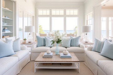 Fototapeta premium A minimalist coastal living room with a white sofa and pastel blue accent pillows, exuding tranquility Generative AI