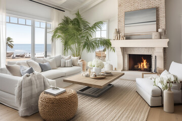 Fototapeta premium A coastal-inspired living room with a cozy fireplace, perfect for chilly evenings by the beach Generative AI