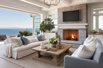 A coastal-inspired living room with a cozy fireplace, perfect for chilly evenings by the beach Generative AI