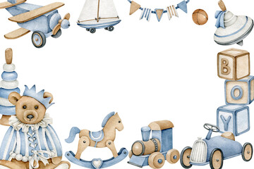 Baby frame with toys.Childish background.Kids border.horizontal flyer design.Bear,pyramid,cubes,flags,whirligig,car,train,plane,horse.It's a boy.