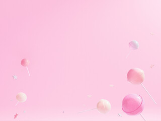Cute frame with floating candy bars and small stars scattered in pink space