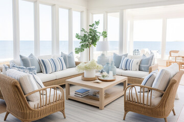 A coastal chic living room boasting rattan chairs, striped throw pillows, and a gallery wall of coastal landscapes Generative AI