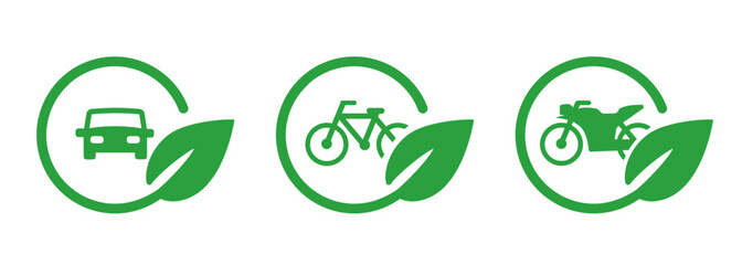 Car motorbike bike motorcycle bicycle in green leaves circle icon symbol of eco friendly environment green transportation