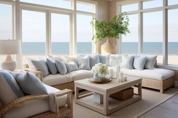 A serene coastal living room with large windows overlooking the ocean, inviting in the natural light and sea breeze Generative AI