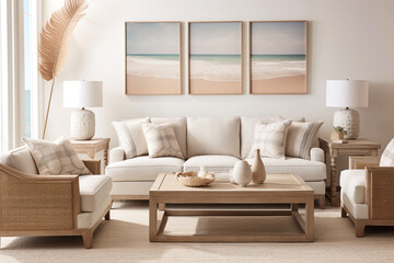 Fototapeta na wymiar A coastal-inspired living room with sandy beige walls, adorned with seashell decor and framed beach artwork Generative AI