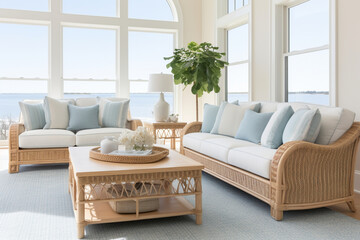 An airy living room featuring a coastal color palette of blues and whites, complemented by wicker furniture and nautical accents Generative AI
