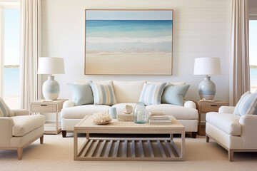 A coastal-inspired living room with sandy beige walls, adorned with seashell decor and framed beach artwork Generative AI