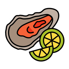 Oyster shell mollusk seafood and lemon slice lineal color vector image.