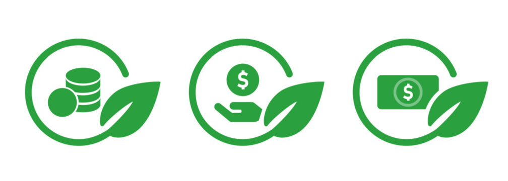 Money cash coin in green leaves circle icon set collection symbol of environment sustainable money management
