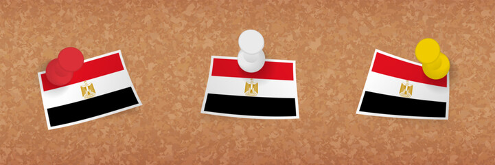 Egypt flag pinned in cork board, three versions of Egypt flag.