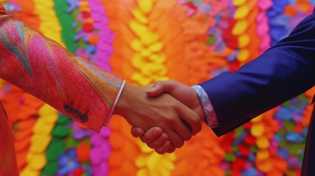 Colorful business agreement concept, with two men shaking hands. Generative AI