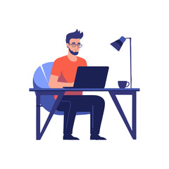 A man working on laptop, e-learning, home office. Freelancer programmer with a laptop. Vector illustration.