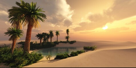 Oasis at sunset in a sandy desert, a panorama of the desert with palm trees,
3d rendering - obrazy, fototapety, plakaty