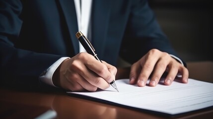 This comprehensive stock image depicts a businessman in the process of quality document control and project management. With elements like a pen, tick, correct sign, and checkbox