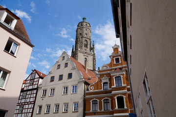  a beautiful ancient Bavarian town of Noerdlingen with its half-timbered houses and Saint George's...