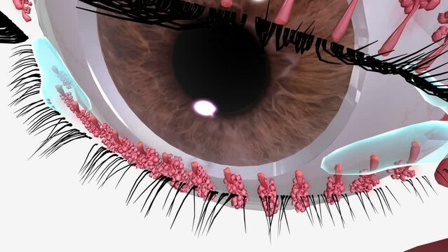 Blepharitis and Meibomian Gland Dysfunction (MGD) is when hardened oils trapped in the gland lead to inflammation along the eyelids
