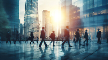 motion blur image of business people crowd walking at corporate office in city downtown, blurred background, business center concept, Generative AI.