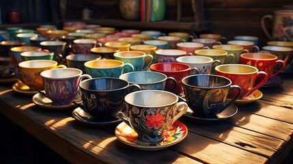  a table topped with lots of colorful cups and saucers.  generative ai