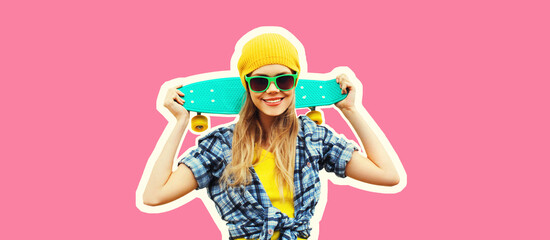 Summer portrait of happy smiling young woman with skateboard wearing colorful clothes on pink...