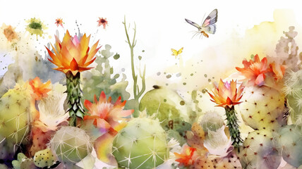 cacti bloom watercolor white background, spring, desert. generative AI