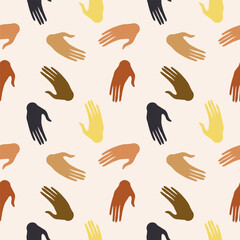 Different color hands seamless pattern background. Vector boho illustration of multinational hands, racial equality different cultures, peoples, harmony of coexistence, community, friendship, party