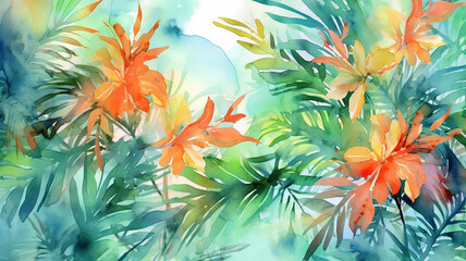 Naklejka na ściany i meble abstract summer watercolor background flowers landscape vacation. generative Ai